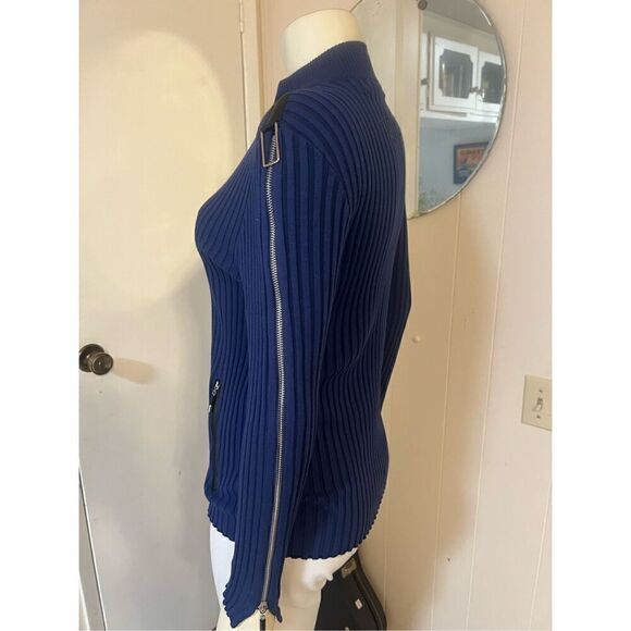 Jamie Saddock Blue Stretchy Ribbed Zip Front & Sleeves black faux leather Trmmed - Picture 5 of 8